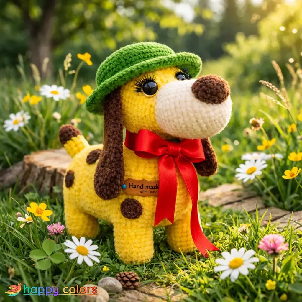 Bruno – Hand-Crocheted Puppy with a Hat and Bow Tie